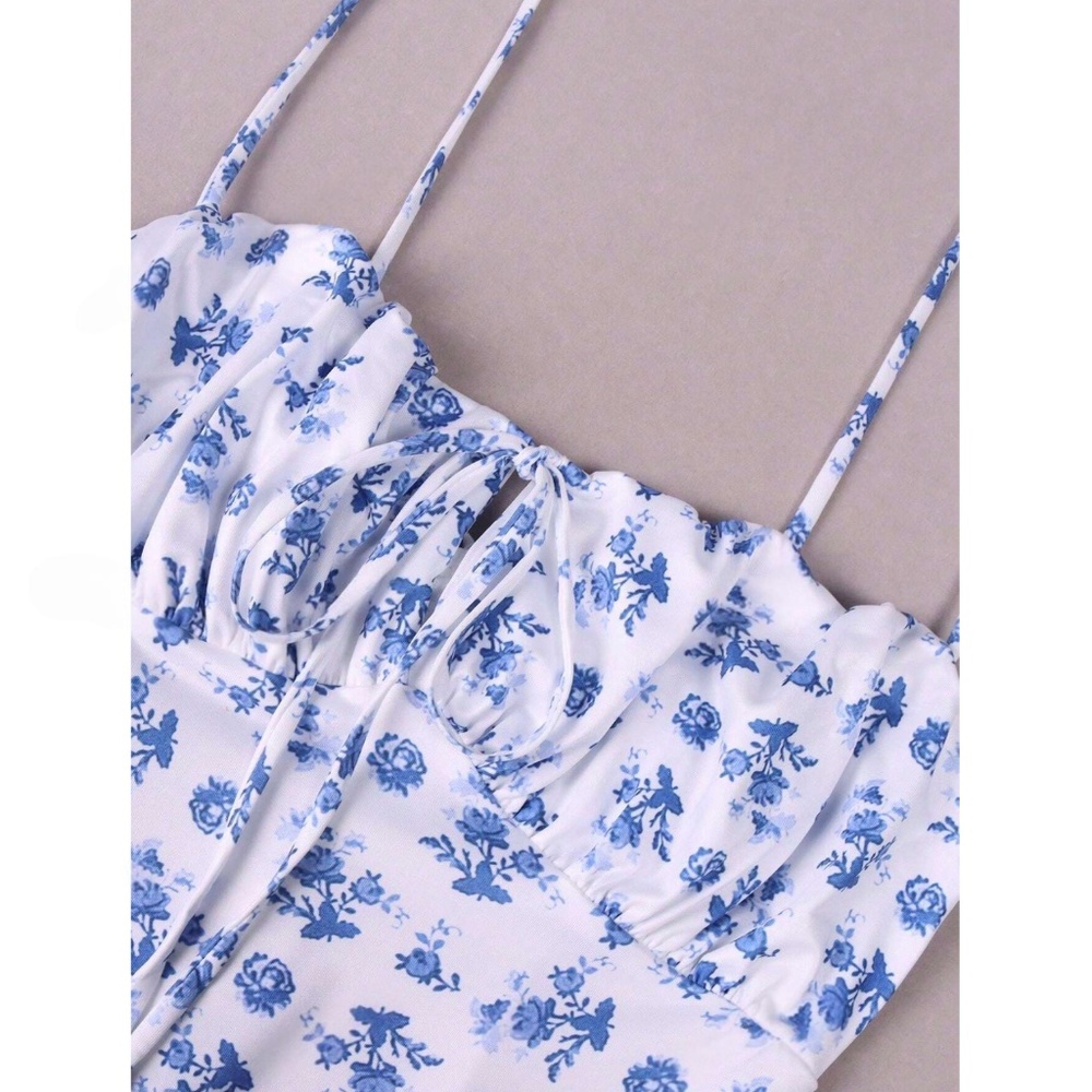 Floral Print Blue on White Long Dress Sheath, Drawstring Ties Maxi Stretchy - Picture 9 of 13